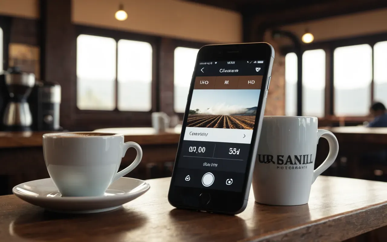 A close-up view of a smartphone screen resting on a wooden desk next to a coffee cup with visible steam rising from it in soft morning light.