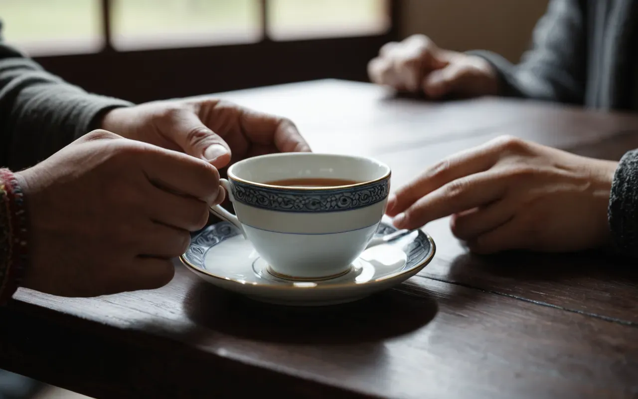A close up view of two hands resting on a table. One hand is holding a ceramic teacup while the other has fingers interlaced. The background shows soft natural light and blurred greenery outside a window.