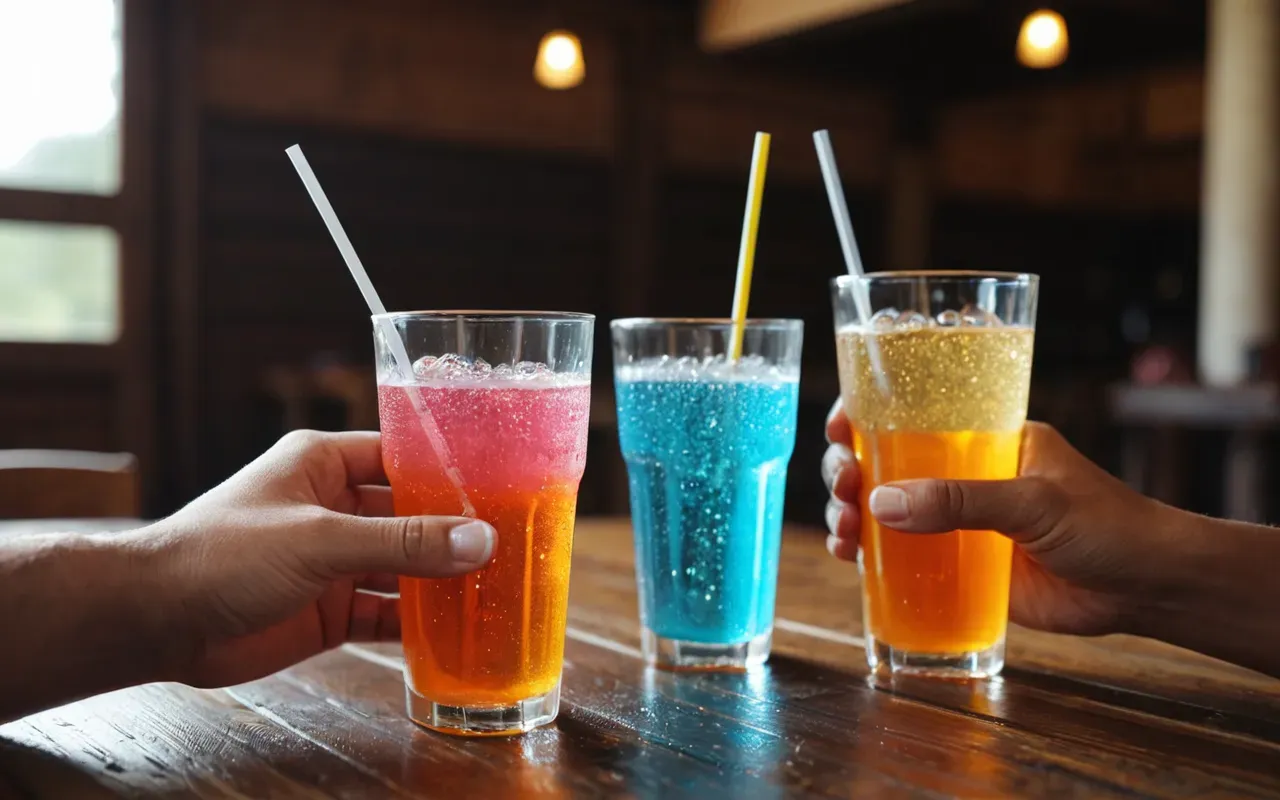 A close up view of two pairs of hands clinking colorful plastic glasses filled with sparkling liquid on a wooden table. The background is softly blurred showing warm bokeh lights from string bulbs hanging above.