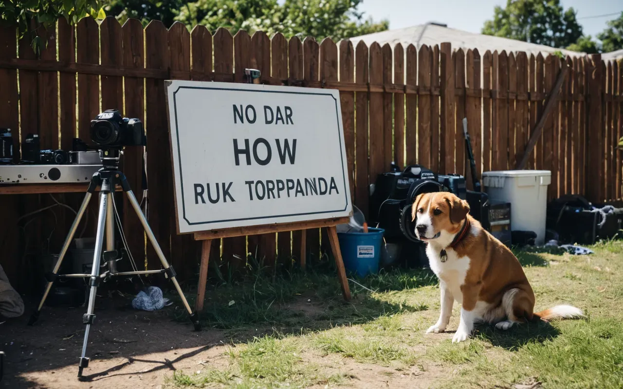 rural mistakes A cluttered backyard with a camera tripod and a confused dog sitting near a wooden fence under bright daylight.