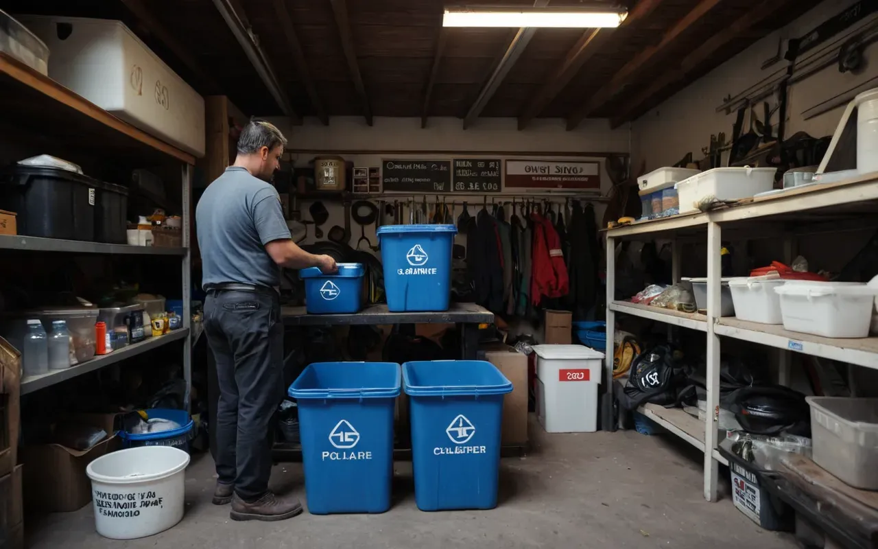 A cluttered garage interior with shelves holding random items and a person standing in the center looking confused while holding a single empty plastic bin under dim overhead lighting.
