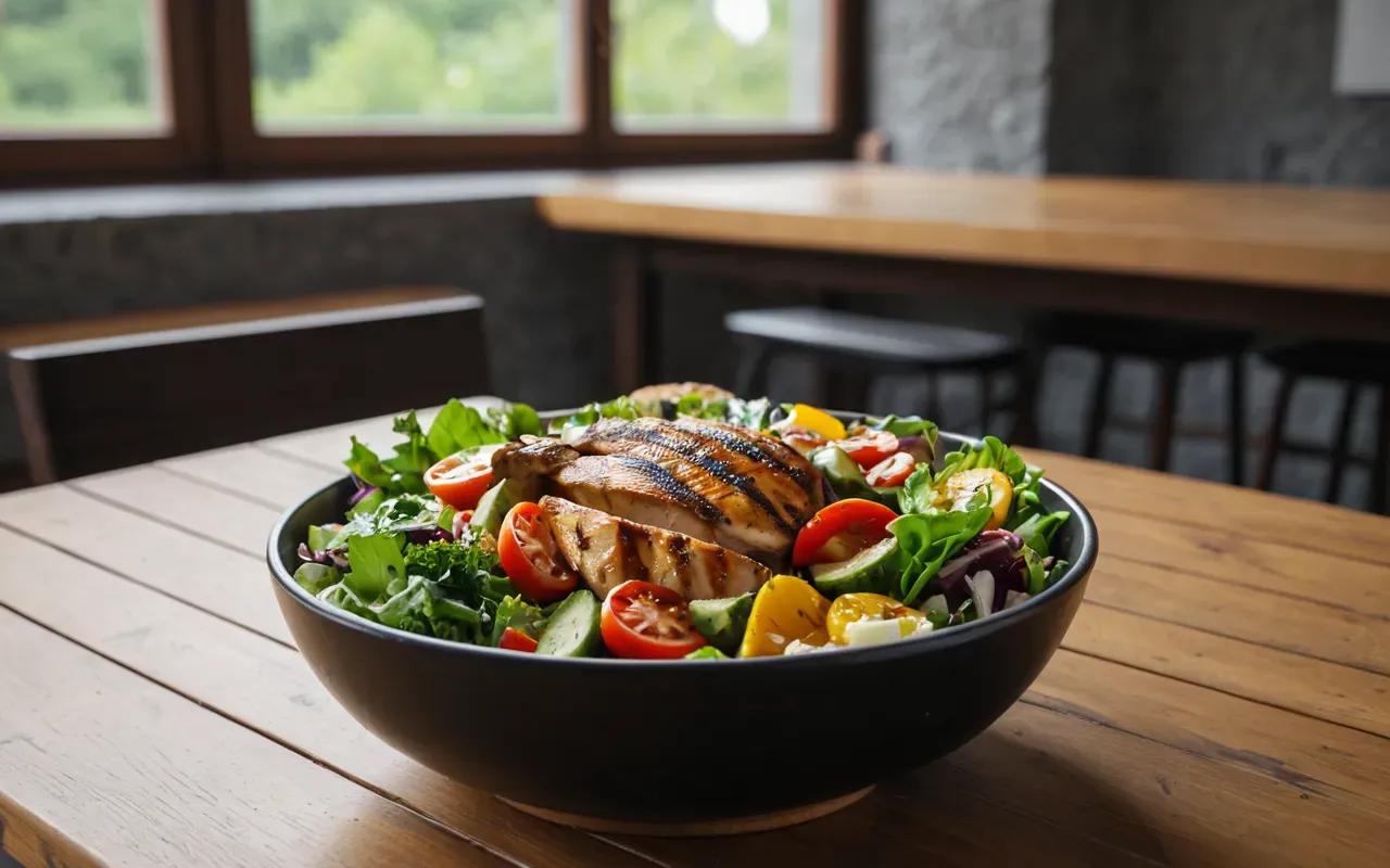 healthy meal A colorful salad bowl with fresh vegetables and grilled chicken on a wooden table in natural daylight