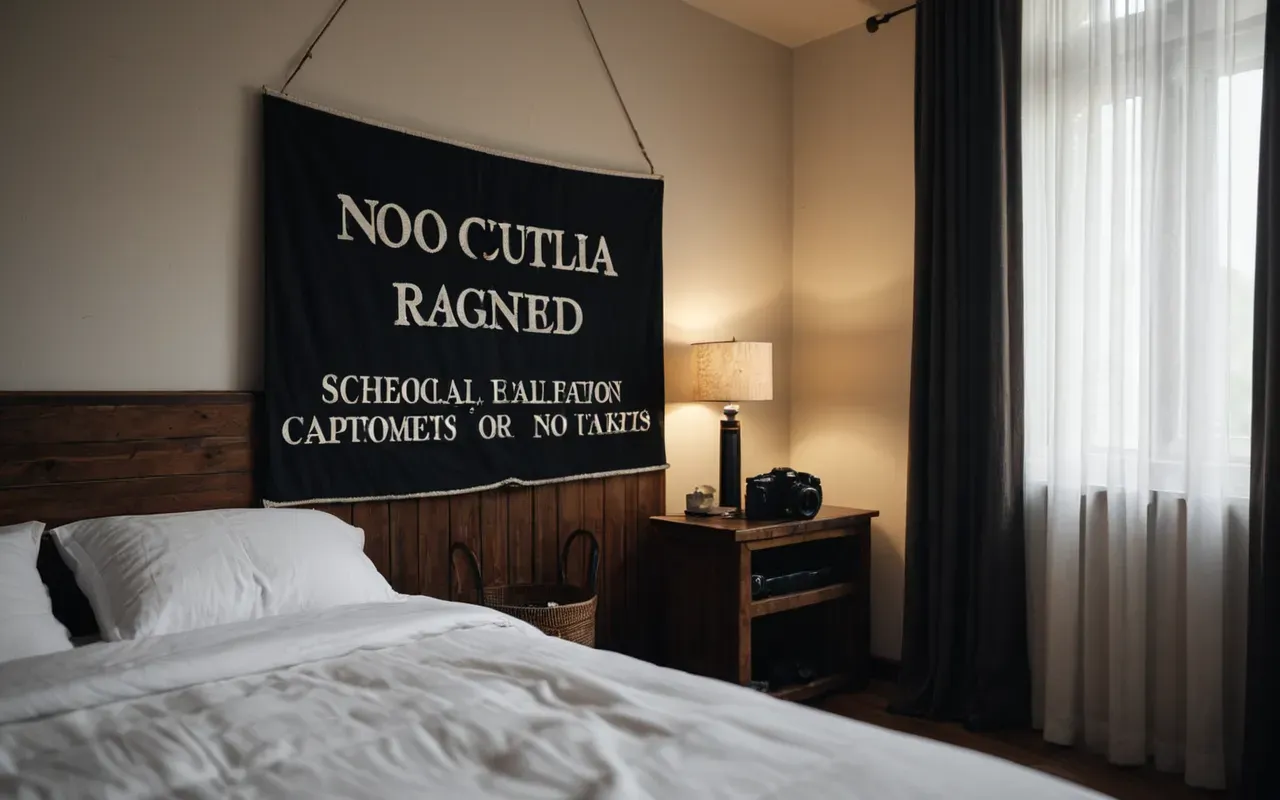 sleep space A cozy bedroom with white bedding and dark curtains blocking out light in a calm serene atmosphere