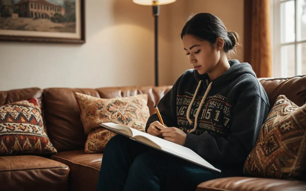 A cozy living room scene with a person sitting on a sofa holding a sketchbook and a pencil while looking relaxed in warm indoor lighting.