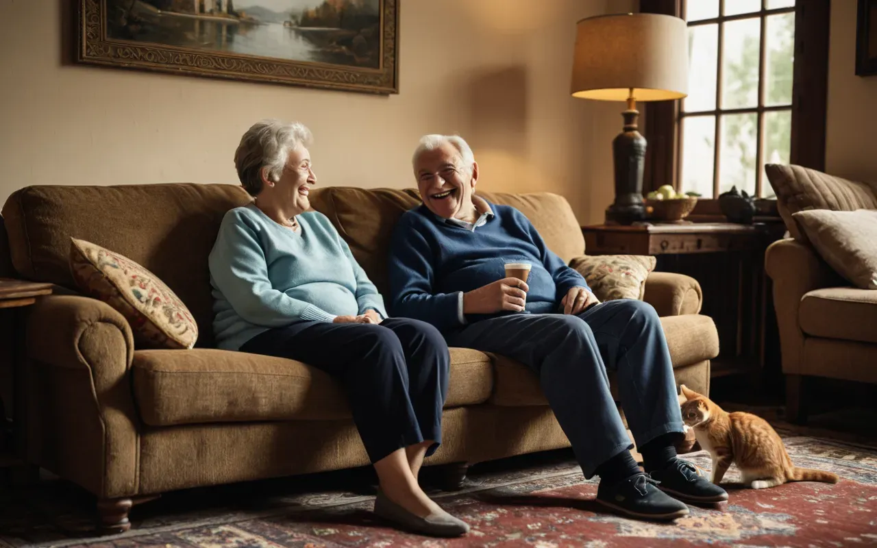 A cozy living room scene with an elderly couple sitting on a comfortable sofa laughing heartily. A cat sleeps nearby on the rug. The lighting is soft and golden, creating a warm and inviting atmosphere without any visible text.