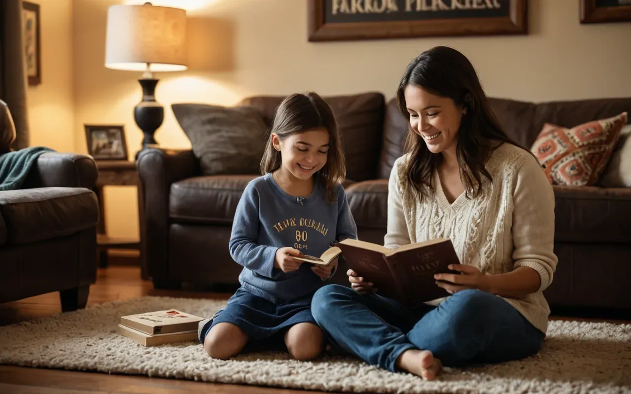 A cozy living room with a warm lamp glowing. A parent and a young child are sitting on a soft rug, both smiling broadly while holding picture books. The scene captures genuine joy and connection without any text visible.