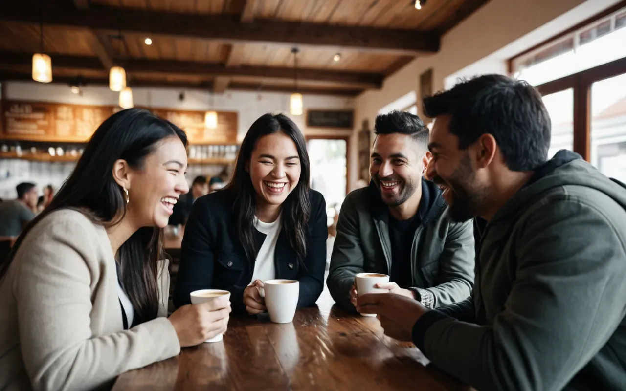 A group of five adults sitting around a wooden table in a bright cafe. One person is laughing while holding a coffee cup. The others are looking at their phones or talking quietly among themselves. Warm afternoon light streams through large glass windows.