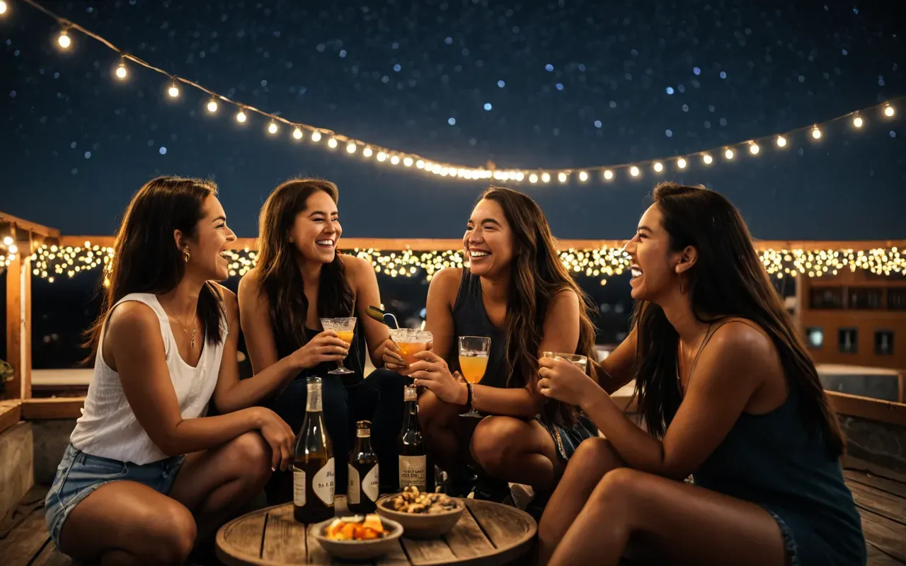 A group of friends sitting on a rooftop at night with string lights above them holding drinks and laughing together under a starry sky creating a warm intimate community vibe