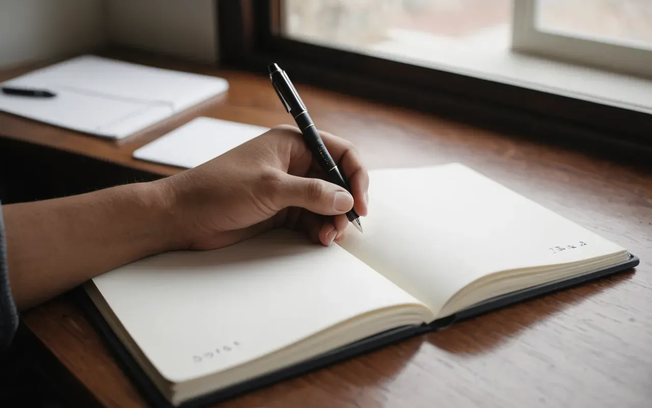 A hand holding a pen over an open notebook with blank pages on a desk near a window with natural light and no visible writing or text in the frame.