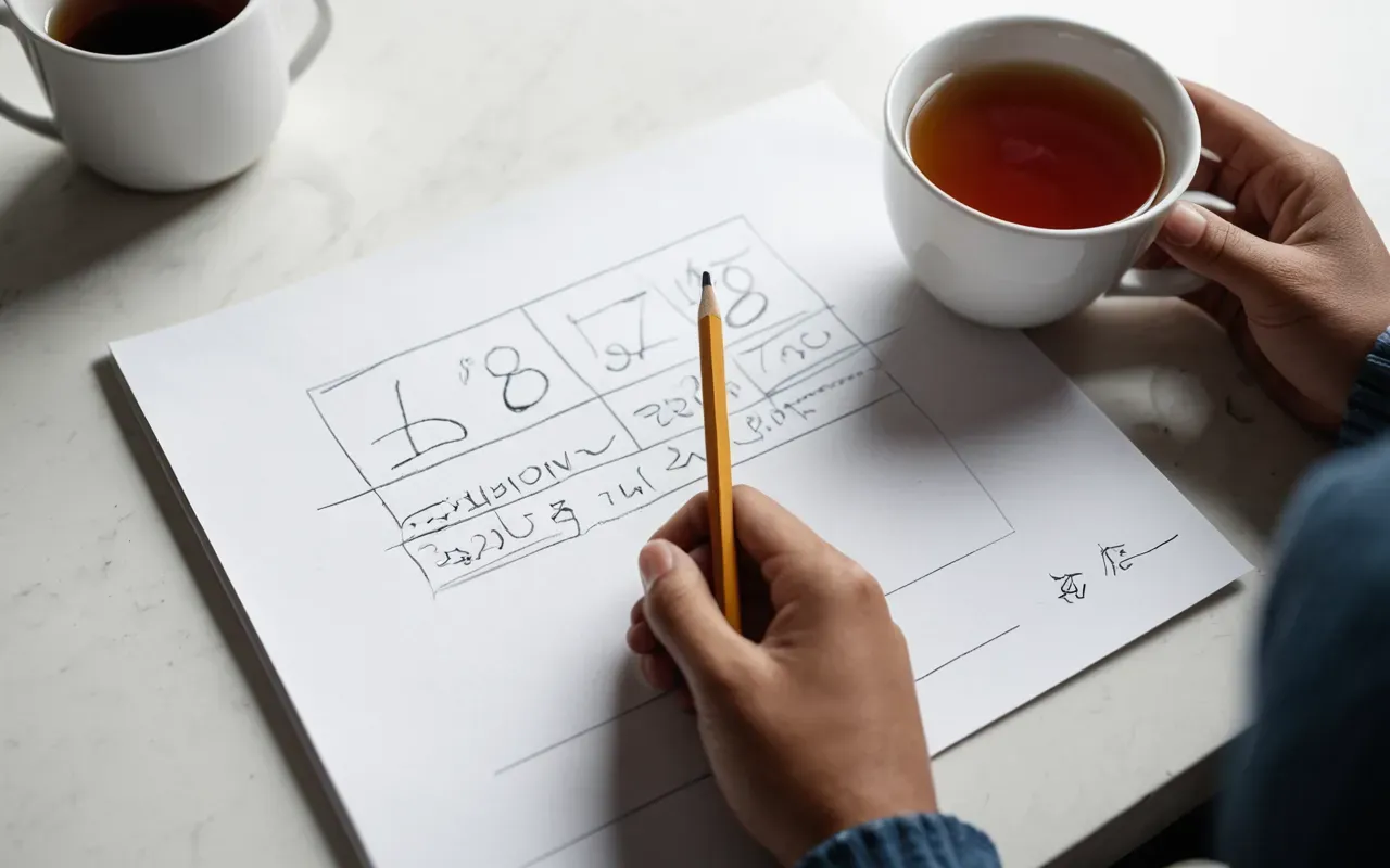 A hand holding a piece of paper with simple pencil sketches next to a cup of tea on a clean white surface.