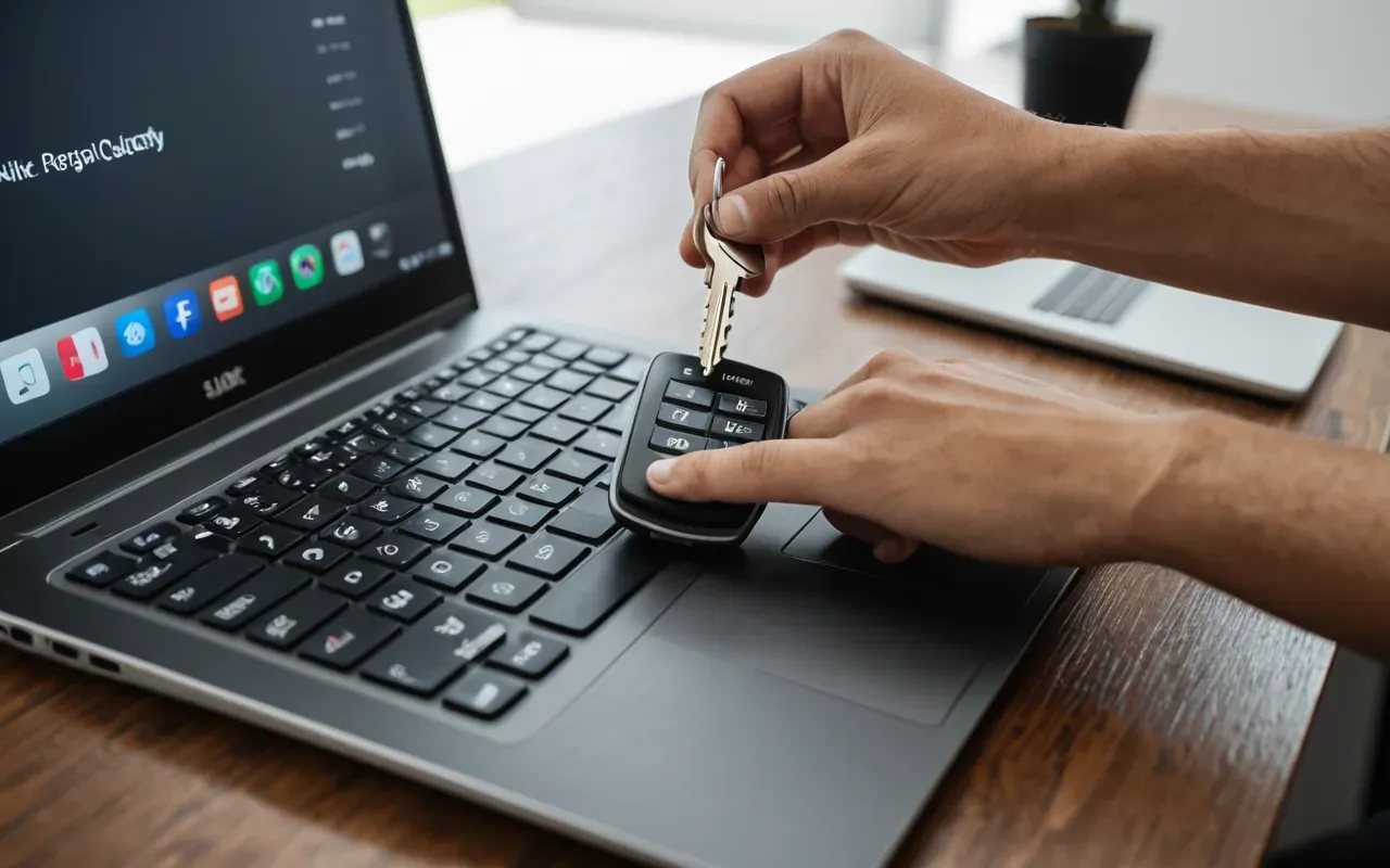 spotting comedy routine A hand reaching for a set of keys on a modern wooden desk near a laptop and notebook, bright natural light highlighting the simple action in an office setting.