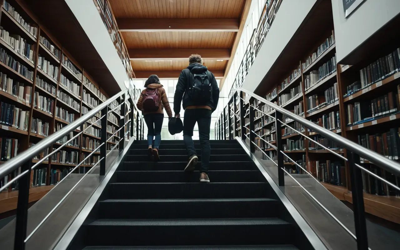 A modern library interior with a wide staircase in the center. Two people are mid-climb on different steps, moving quickly and laughing at each other, their hair slightly messy from the effort.