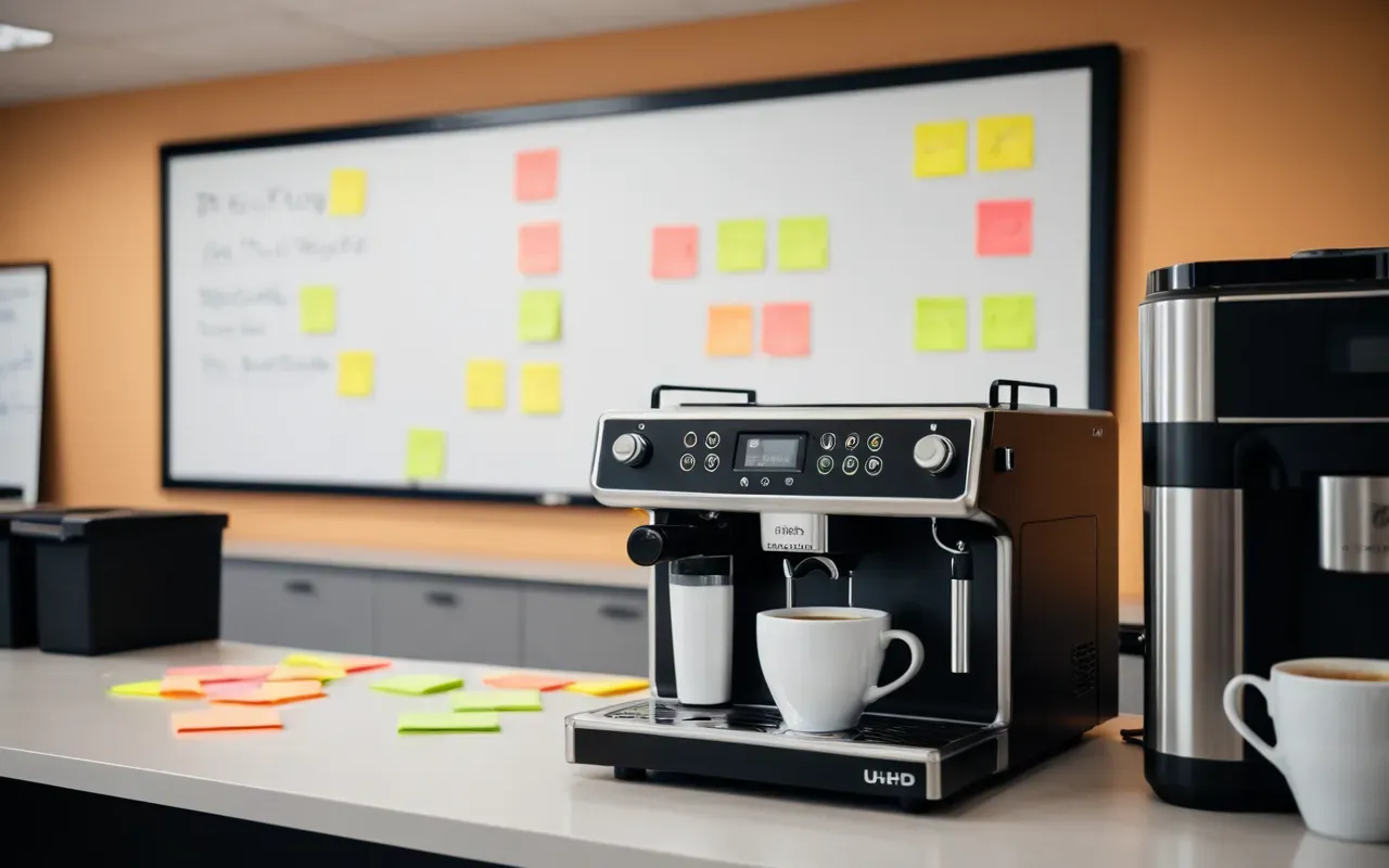 A modern office break room with a whiteboard covered in colorful sticky notes and a coffee machine on the counter soft ambient lighting and relaxed atmosphere no people visible.