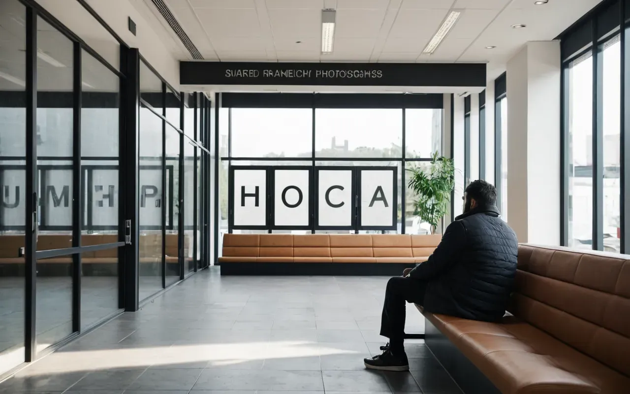 A modern office waiting area with a person sitting on a bench looking out the window. Soft natural light streams in from large glass panes. The mood is calm and contemplative with no other people nearby.