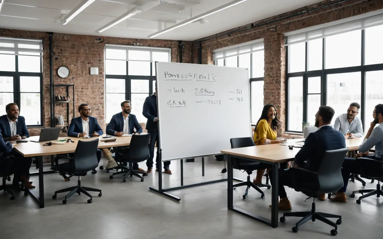 A modern open-plan office with bright natural light from large windows. Several diverse professionals are gathered around a whiteboard, laughing heartily while pointing at charts. The atmosphere is relaxed and collaborative. No text or signs visible.