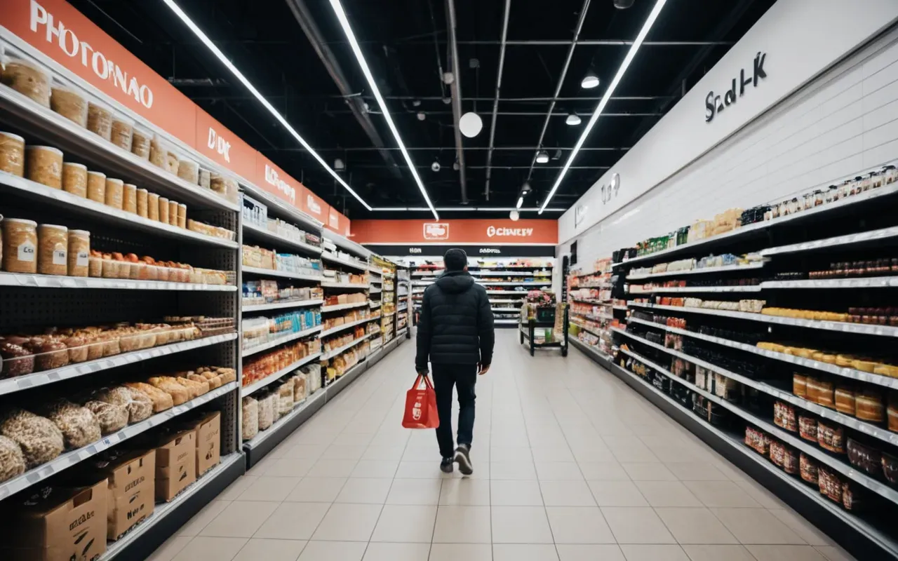 A modern retail store aisle with shelves of colorful products and a person walking past them looking relaxed and holding shopping bag soft overhead lighting clean composition no text on packaging.