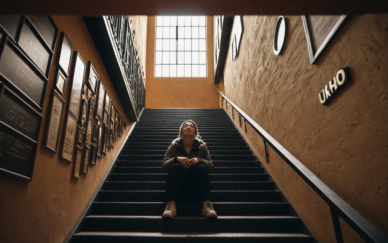 A modern staircase with a person sitting at the bottom looking up. The lighting is warm and inviting from overhead fixtures. The composition focuses on the angle of the steps and the relaxed posture.