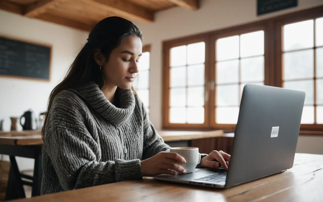 A modern writer sitting at a wooden desk in a bright room with large windows. She is typing on a laptop while holding a warm mug of coffee. The scene captures a focused and creative atmosphere without showing any text or screens.