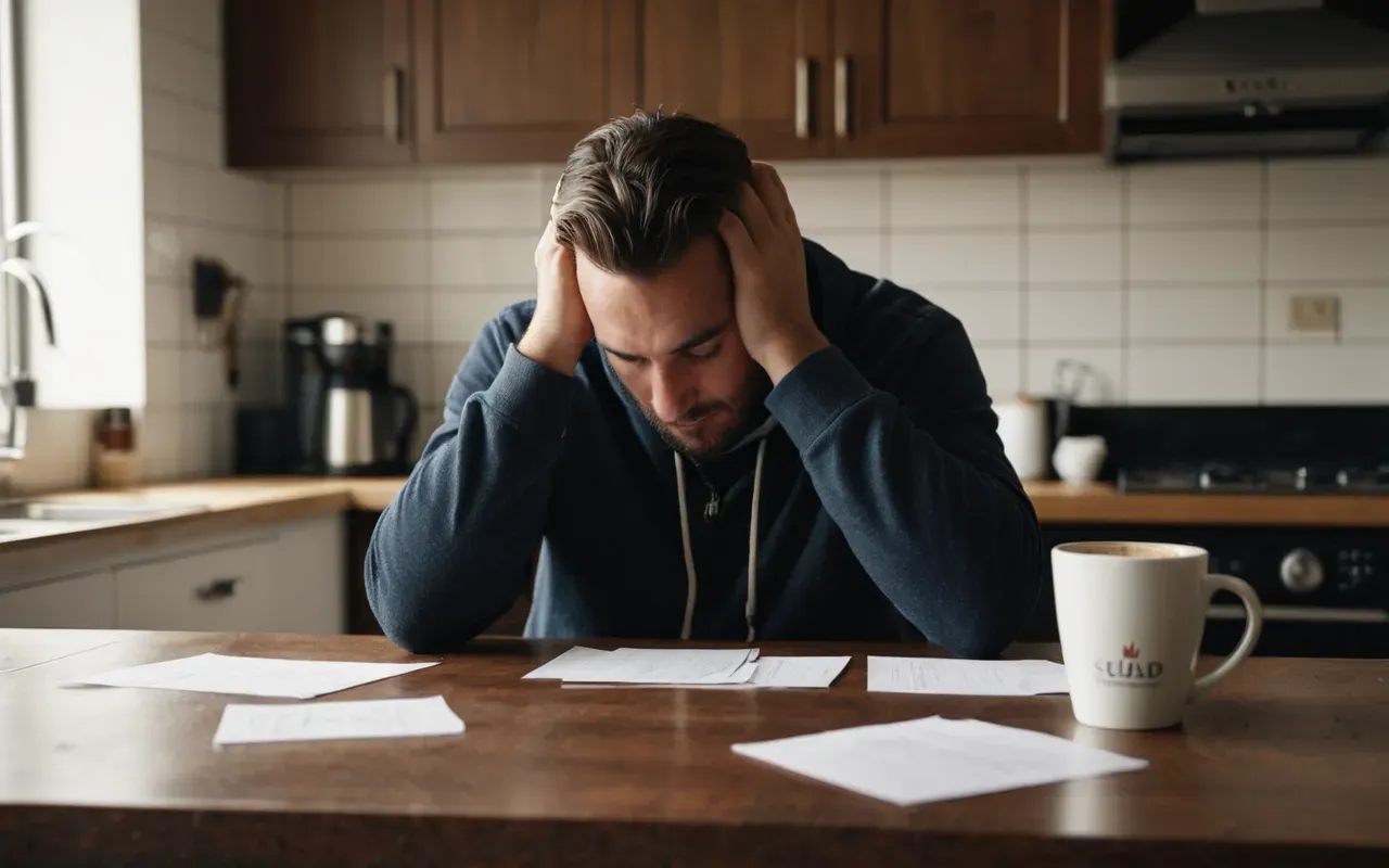 daily frustrations A person sitting at a modern kitchen table with their head in hands surrounded by scattered papers and an empty coffee cup, soft morning light illuminating the scene from a nearby window.