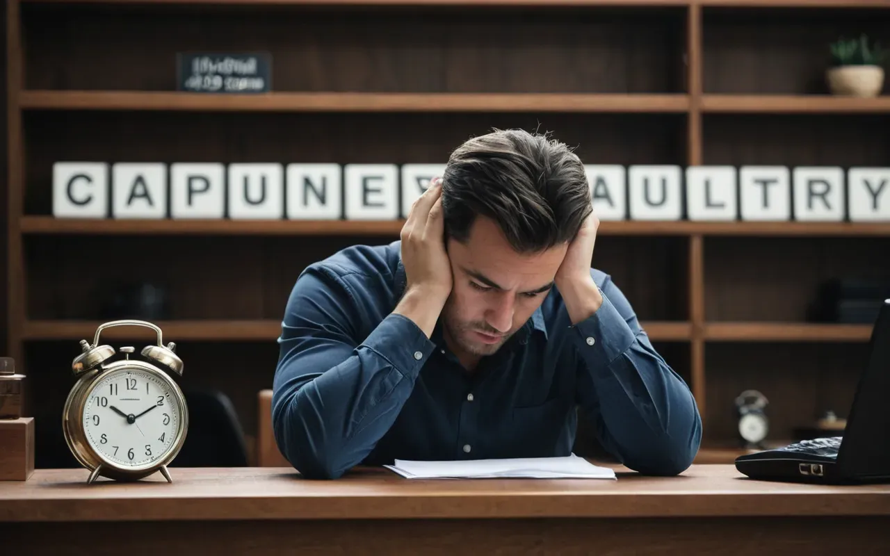 A person sitting at a modern wooden desk looking frustrated with head in hands while a small clock ticks away time on the shelf above.