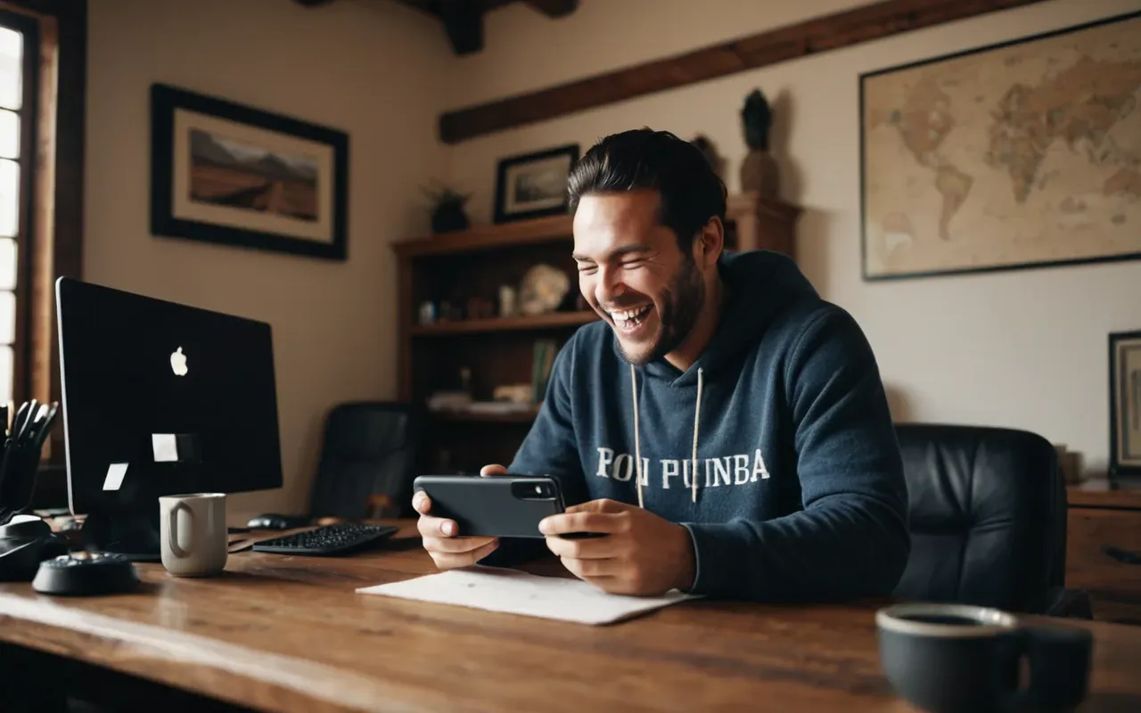 A person sitting at a wooden desk laughing while looking at a smartphone screen in a cozy home office environment.