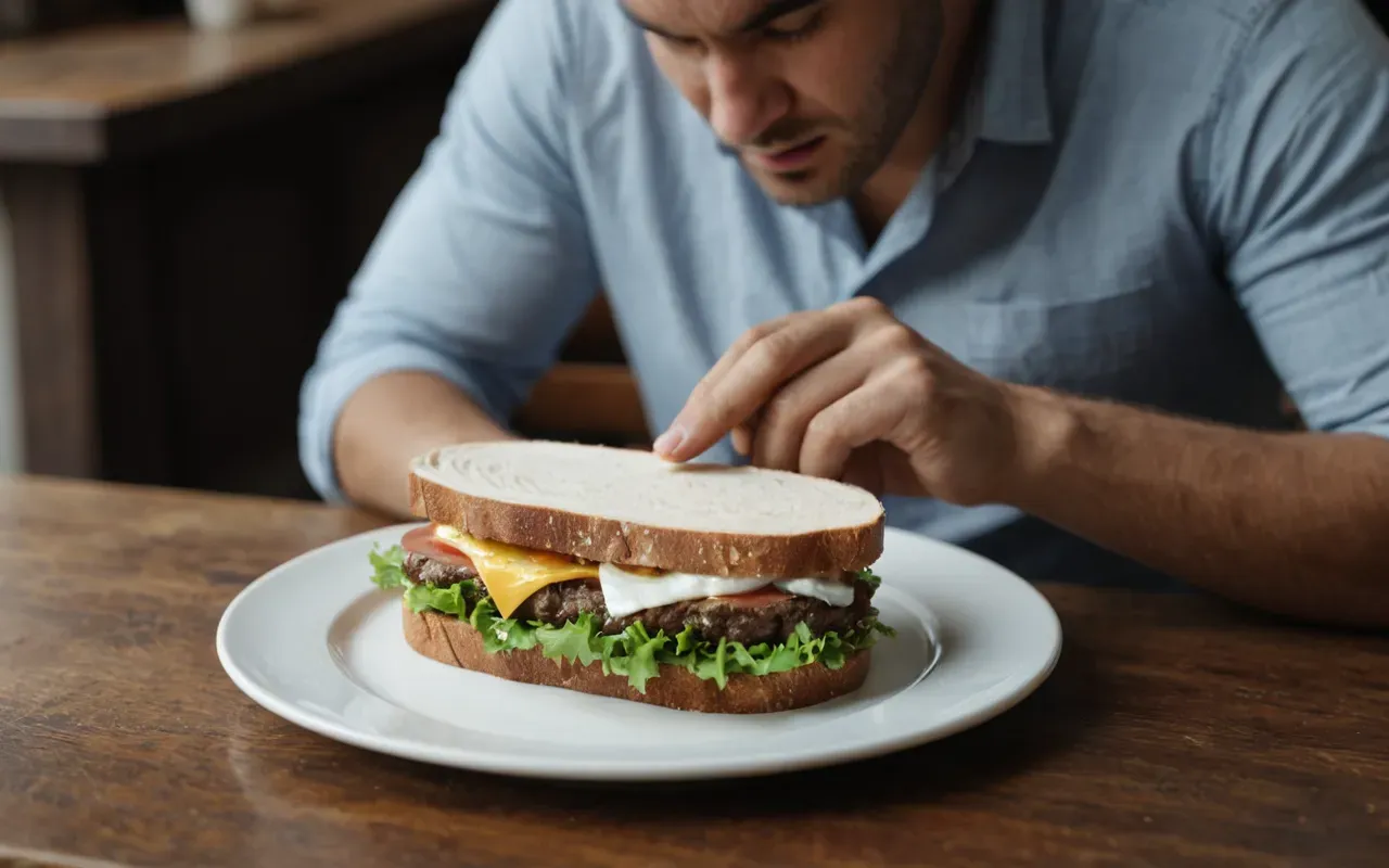A person sitting at a wooden table looking frustrated while adjusting the position of a sandwich on a white plate under soft indoor lighting with no text visible anywhere in the scene.