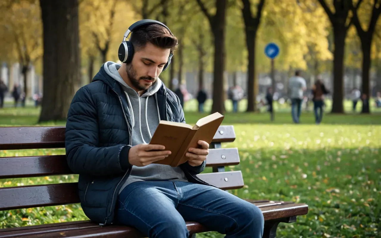 relaxation time A person sitting on a bench in a park with headphones reading a book and ignoring their phone