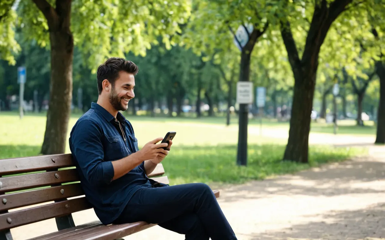 lifestyle humor A person sitting on a park bench holding a smartphone with a relaxed smile under bright natural daylight surrounded by green trees and open space without any text or writing.
