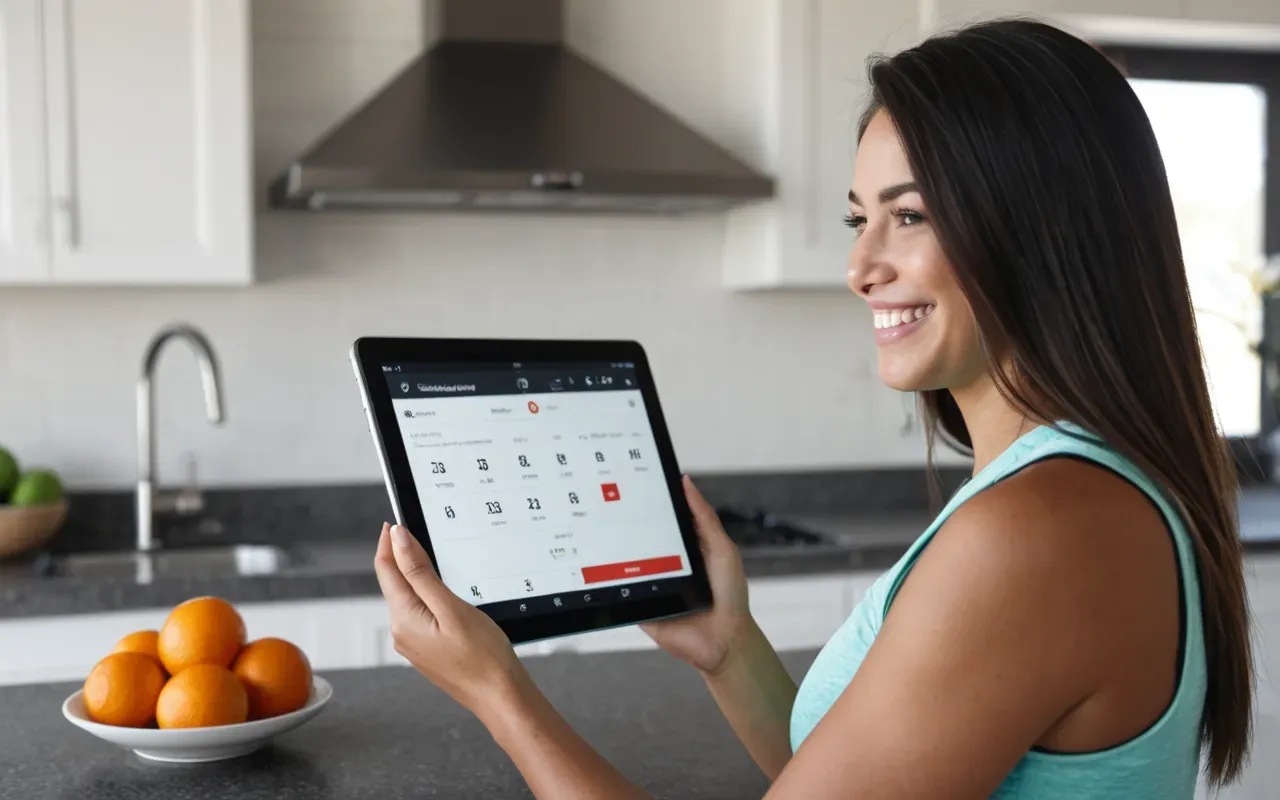 health tracking A person smiling while looking at a fitness app on their tablet in a bright kitchen setting