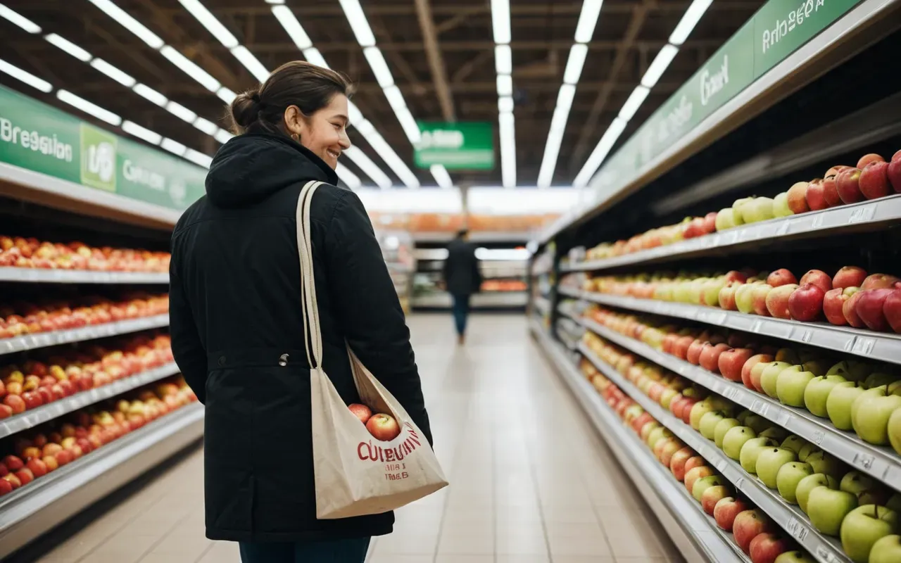 A person standing in a modern grocery store aisle holding a bag of apples with a slight smile looking down at the floor where a single apple has rolled away bright clean lighting no text or signs.