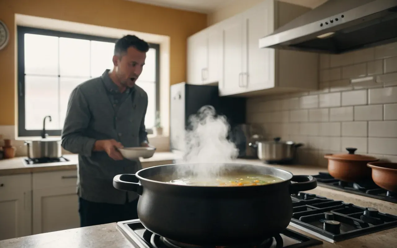 A person standing in a modern kitchen looking surprised at a pot of boiling over soup, steam rising dramatically, bright and clean interior with neutral tones and natural light