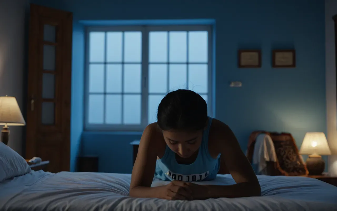 night routine A person stretching in a dimly lit bedroom at night with soft blue light coming from a window and no screens visible
