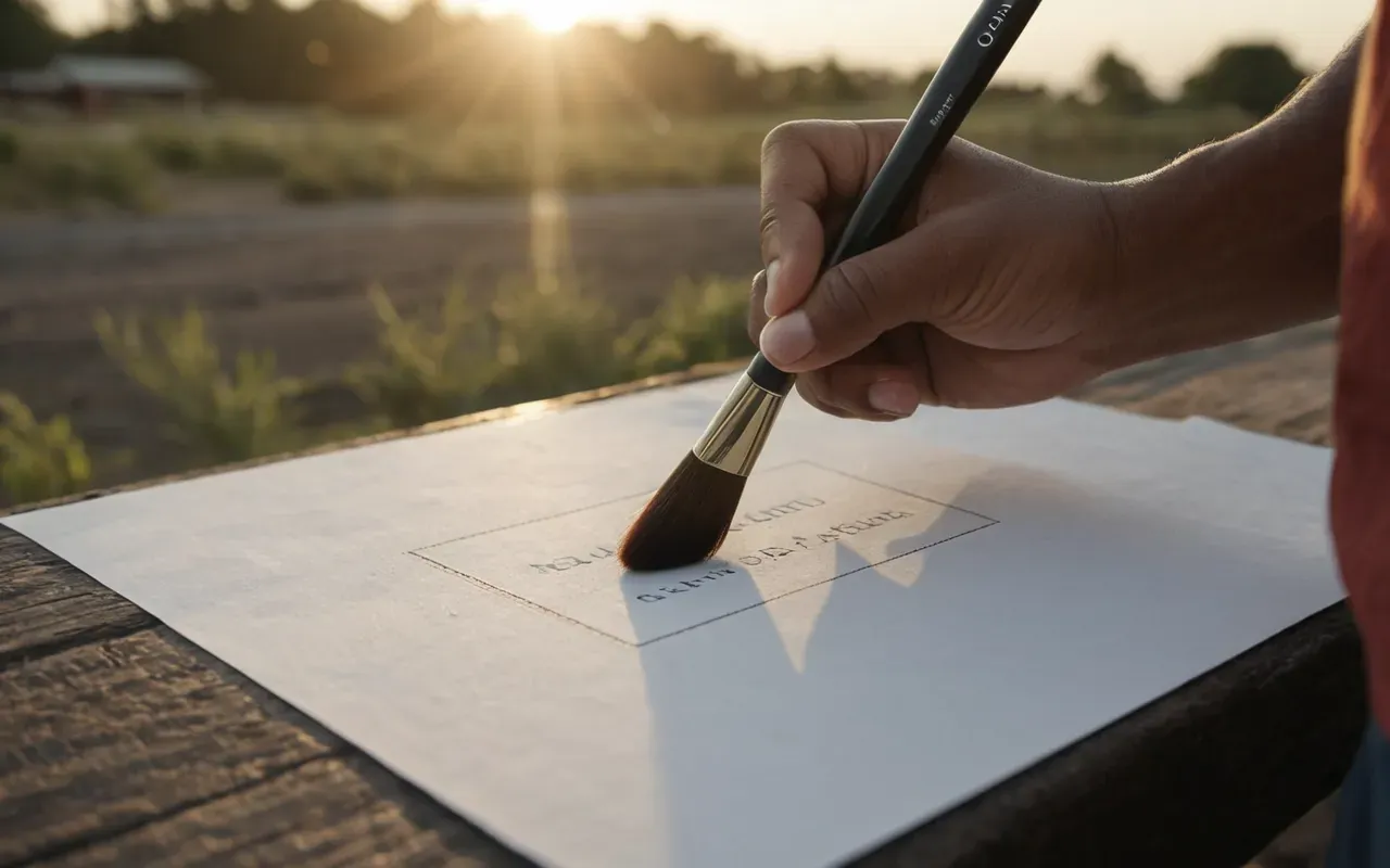 A person's hand holding a fine brush over white paper with warm afternoon light and soft shadows in the background.