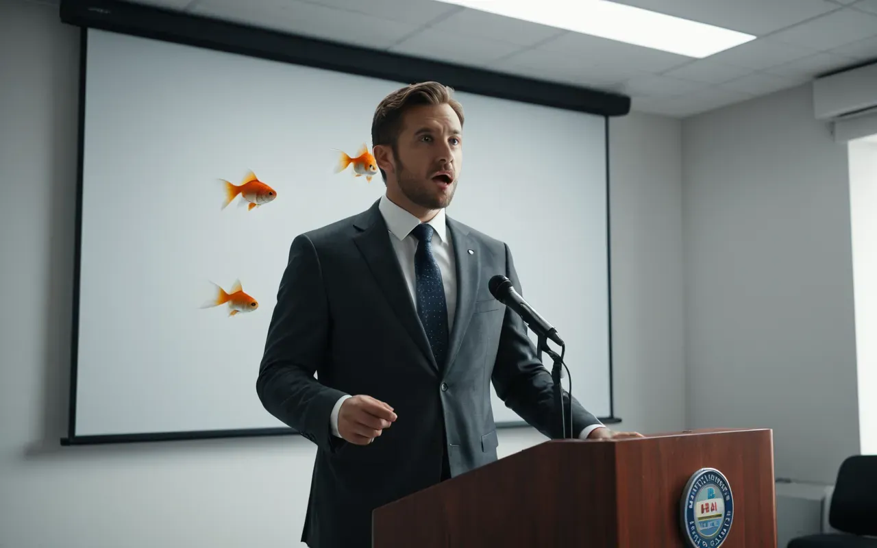 office mishap funny moment A photo-realistic scene of an office room with a projector screen showing a tiny goldfish. A man in a suit stands near the podium looking surprised.