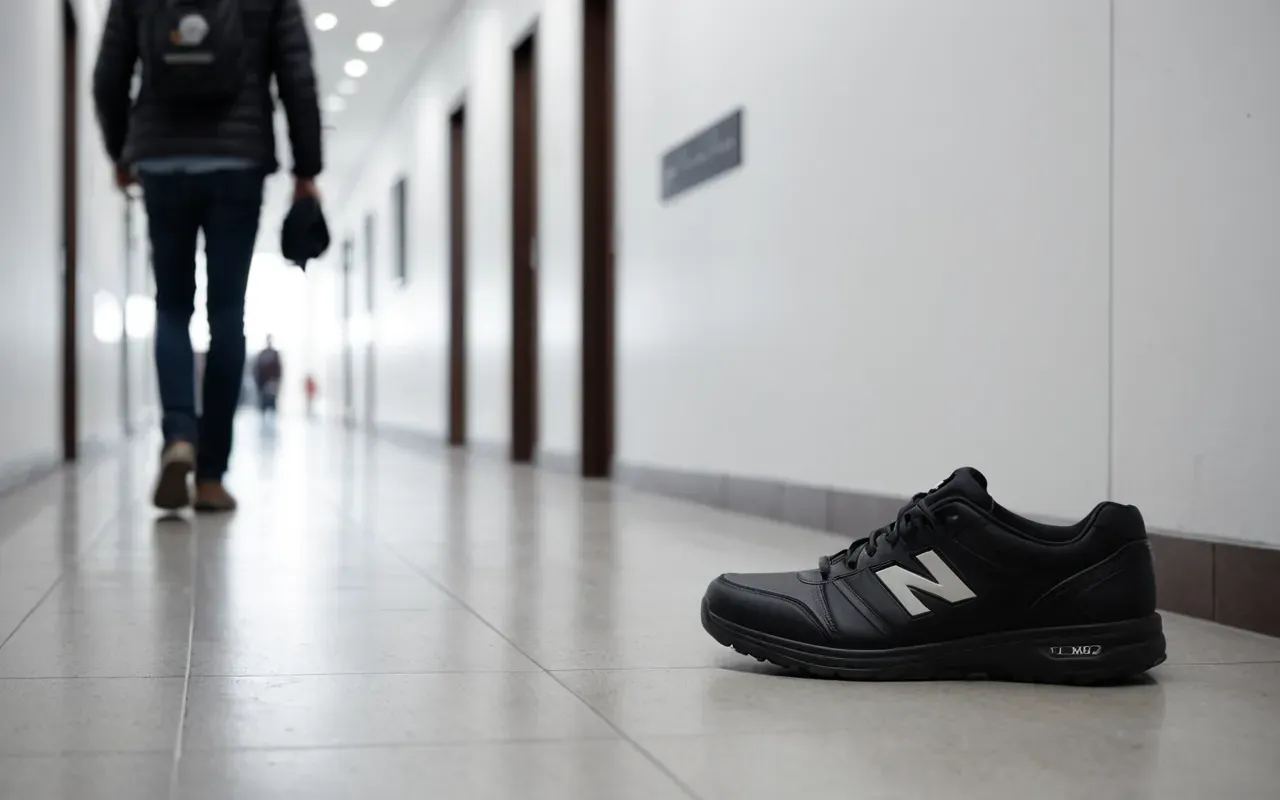 A single shoe left on the wrong foot of a person walking away from camera in a modern hallway. The lighting is bright and even with clean white walls surrounding the scene.
