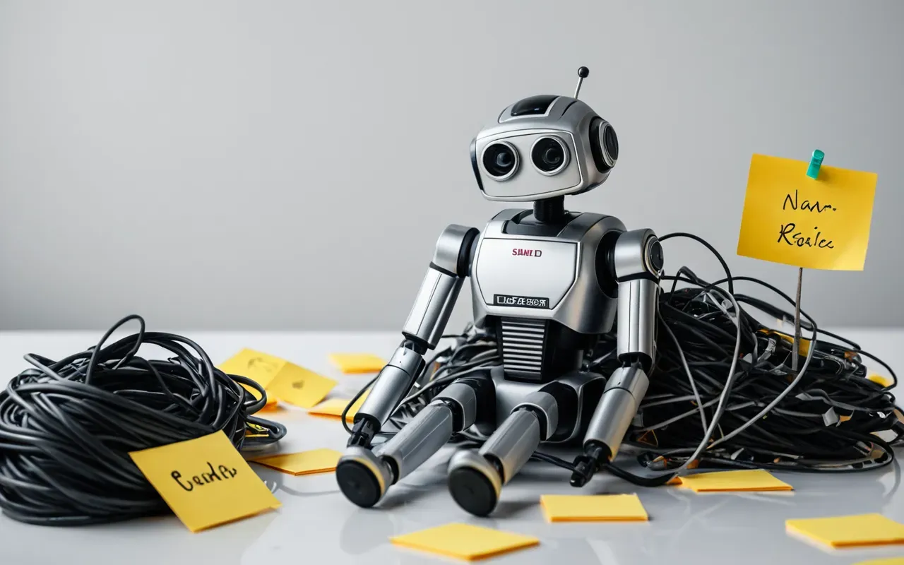 A sleek small silver robot sitting on a clean white table surface next to a messy pile of tangled cables and scattered sticky notes under bright studio lighting.