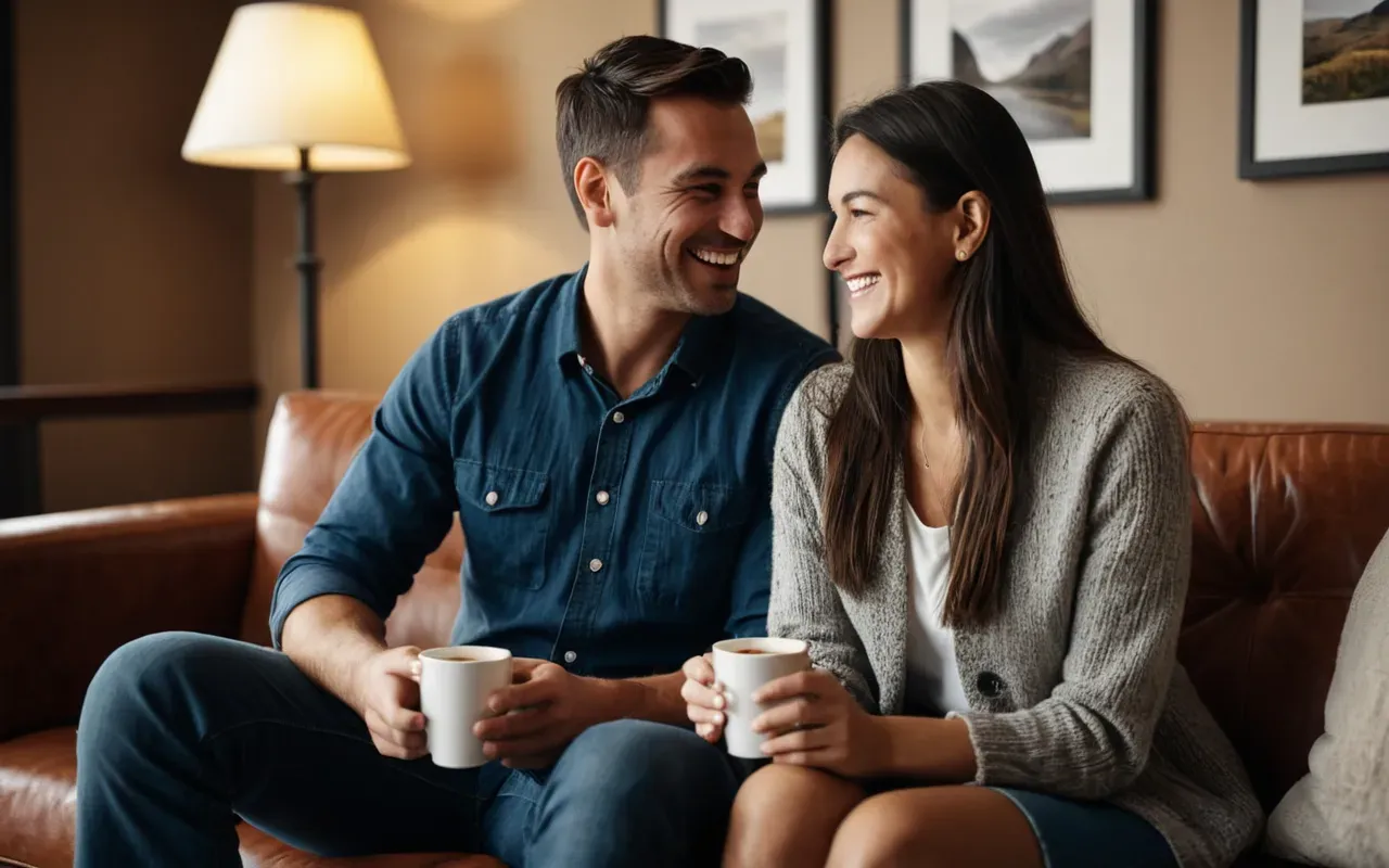 A smiling couple sitting on a comfortable sofa holding coffee cups while looking at each other with gentle amusement and soft warm indoor lighting.