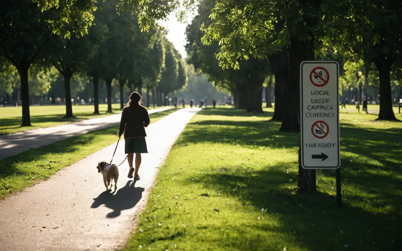 practical humor tips A smiling person walking their dog in a park with green grass and trees, the sun casting long shadows across the path indicating late afternoon light.