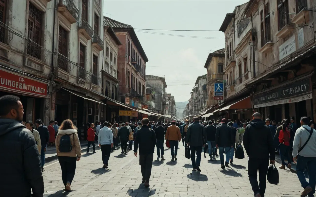 A wide angle shot of a busy city street with people walking in different directions and some stopping to look up at the sky while others rush forward.