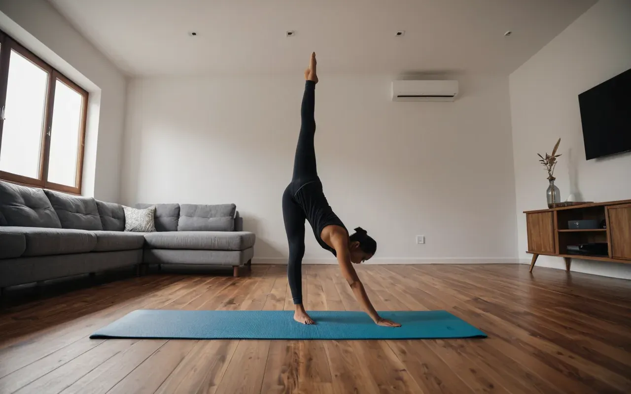 A wide-angle shot of a modern minimalist living room with a yoga mat unrolled on the hardwood floor. A person is mid-stretch in dynamic motion, holding one leg up high while balancing on the other foot, capturing active movement and playful energy.