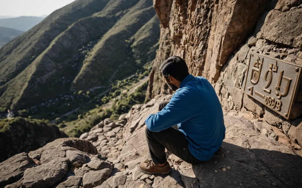 A wide-angle shot of a person sitting on a steep rock ledge looking down at the ground far below with hands resting on their knees in quiet surprise under bright daylight.