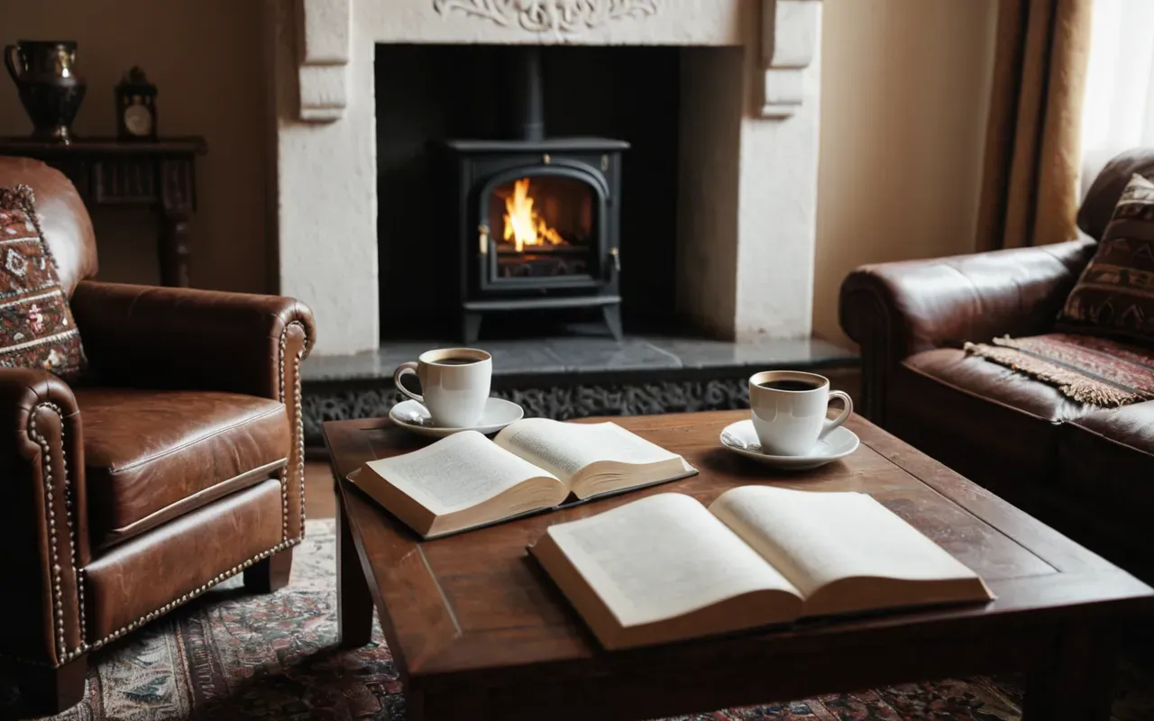 A wide shot of a cozy living room with two armchairs facing each other. A coffee table between them holds two mugs and an open book. Soft natural light streams through large windows illuminating the calm space.