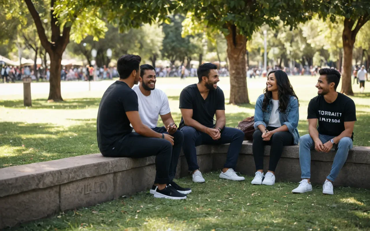 A wide shot of a diverse group of friends sitting in a park on a sunny day. They are engaged in conversation and one person is gesturing animatedly while others laugh. The scene feels lively and positive without any text elements.