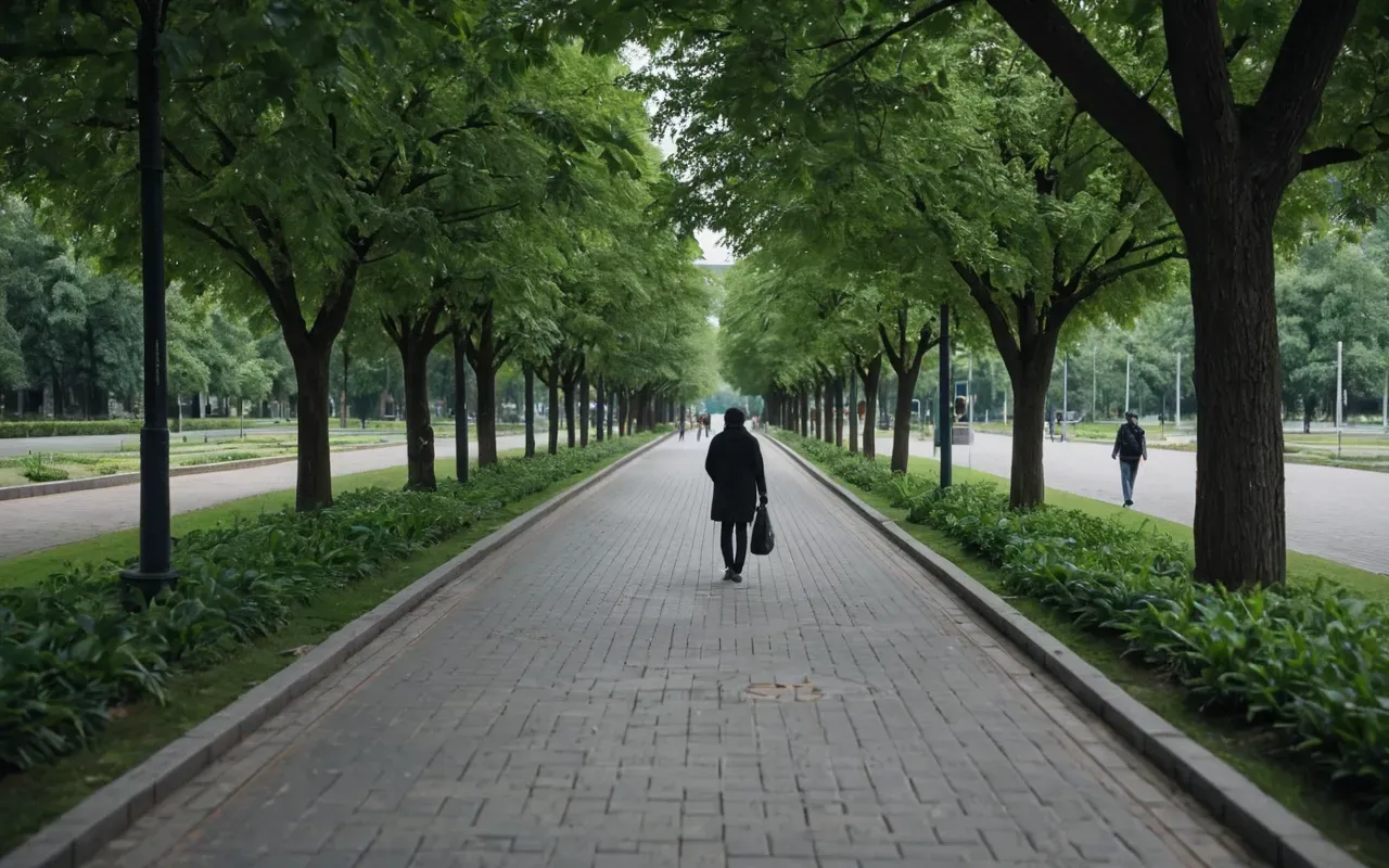 A wide shot of a modern city park with paved pathways and lush green trees. A person is walking slowly along the path looking at their surroundings with a focused expression, capturing mindful movement.