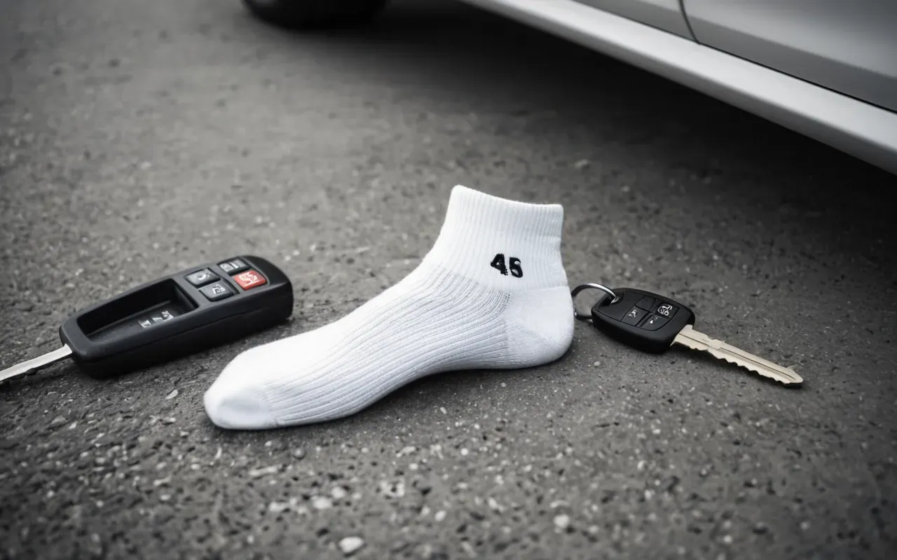 Clean editorial still life of a single mismatched sock and a set of car keys on a concrete surface, diffused soft light, monochrome neutral tones, minimalist composition
