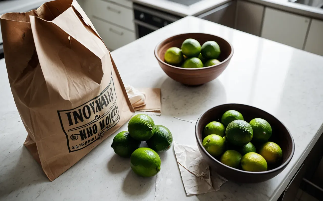 Clean overhead photograph of a modern kitchen counter with two limes in a small ceramic bowl and a torn paper grocery bag nearby, soft natural light from above