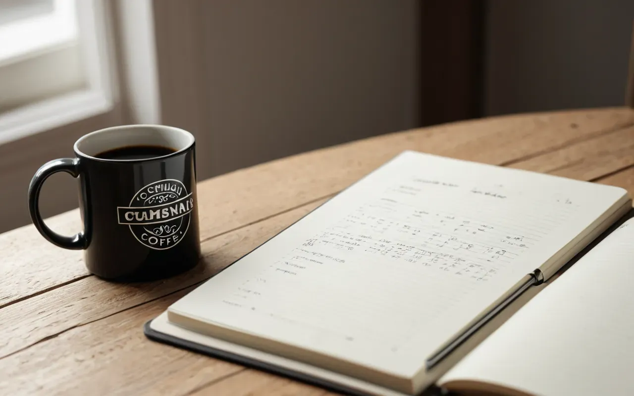 Close-up editorial still life of a ceramic coffee mug beside an open notebook on a light wooden desk, soft diffused daylight from a nearby window, neutral tones