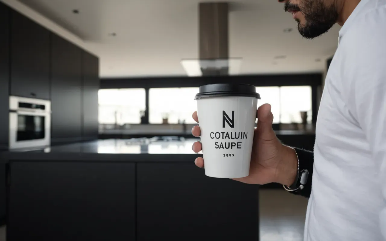 Close up of a hand holding a coffee cup with a dark spill on the sleeve next to a white shirt in a modern kitchen setting soft natural light editorial style no text or logos visible in frame.