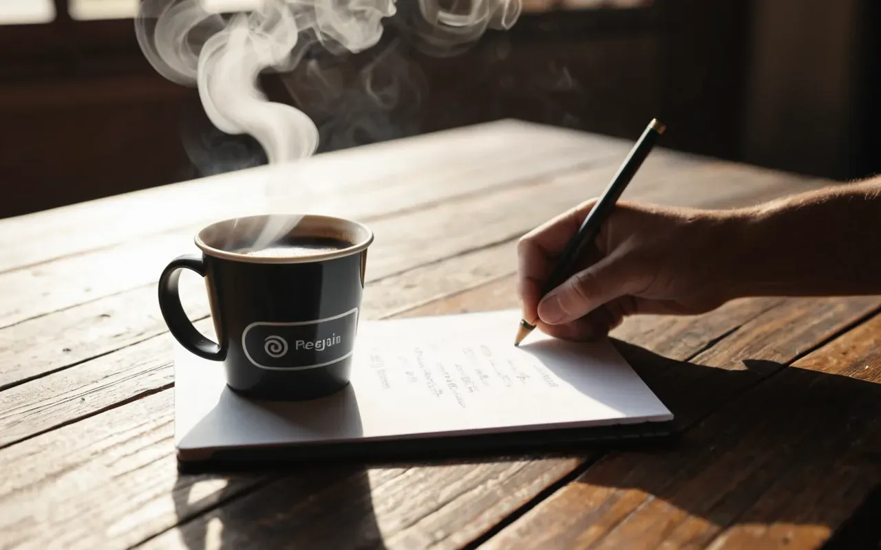 daily mishaps,everyday anecdotes,lifestyle comedy,humor in routine Close-up of a hand holding a paper coffee cup with steam rising on a clean wooden table beside a notebook and pencil in soft morning light, shallow depth of field, neutral modern interior