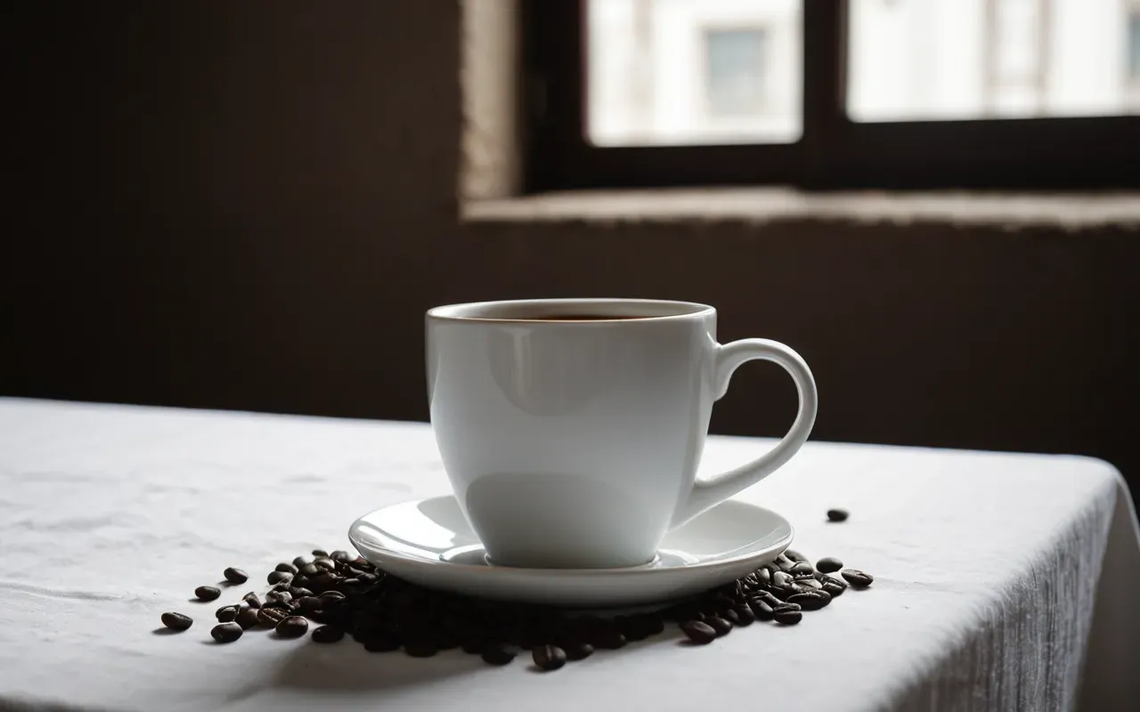 Close-up shot of a white ceramic mug with dark coffee spilled onto a crisp white tablecloth creating an abstract shape, soft natural window light, high contrast editorial style